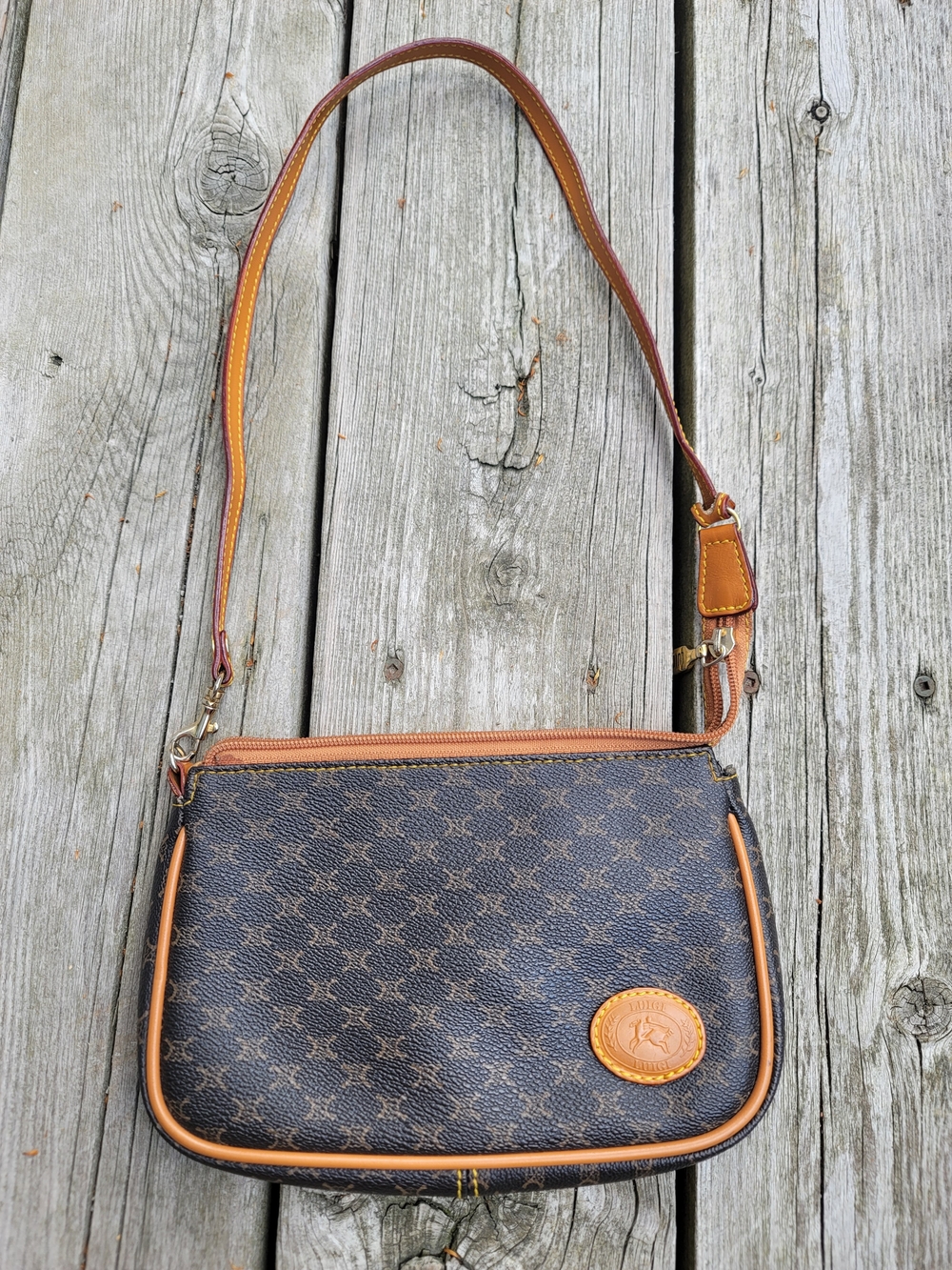 LUIGI Brown Patterned Shoulder Bag with Tan Trim